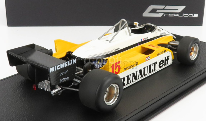Gp-replicas Renault F1  Re30b V6 Turbo Team Renault Elf N 15 Season 1982 Alain Prost - Con Vetrina - With Showcase 1:18 Bílá Žlutá Černá