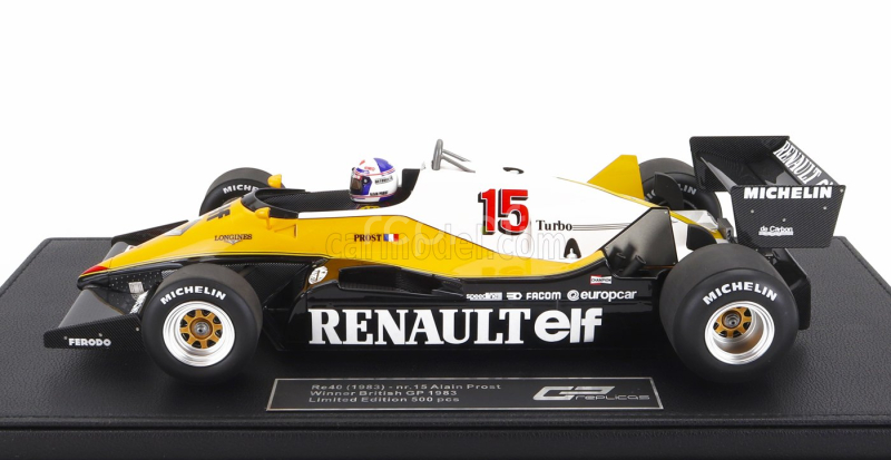 Gp-replicas Renault F1  Re40 N 15 Winner British Gp (with Pilot Figure) 1983 Alain Prost - Con Vetrina - With Showcase 1:18 Černá Žlutá Bílá