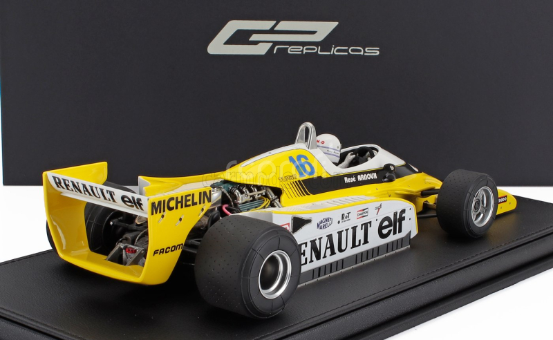 Gp-replicas Renault F1 Rs10 Team Renault Elf N 16 Fastest Lap 3rd French Gp (with Pilot Figure) 1979 Rene Arnoux - Con Vetrina - With Showcase 1:18 Žlutá Bílá