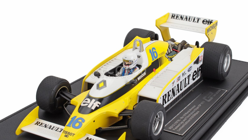 Gp-replicas Renault F1 Rs10 Team Renault Elf N 16 Fastest Lap 3rd French Gp (with Pilot Figure) 1979 Rene Arnoux - Con Vetrina - With Showcase 1:18 Žlutá Bílá