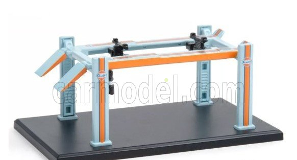 Greenlight Accessories Gulf Oil Garage Set Officina - Ponte Sollevatore Auto - Four Post Lift 1:64 Světle Modrá Oranžová