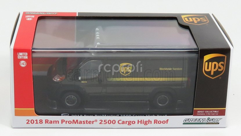 Greenlight Dodge Ram 2500 Promaster Van Cargo High Roof Ups Worldwide Service 2018 1:43 Brown
