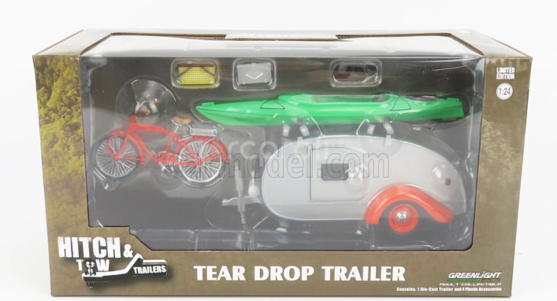 Greenlight Trailer Teardrop With Bicycle And Kayak Boat Roulotte 1960 1:24 Stříbrná Červená Zelená