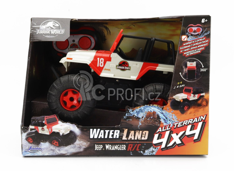 Jada Jeep Wrangler Sea And Water Land Open 2015 - Jurassic World 1:16 Bílá Červená