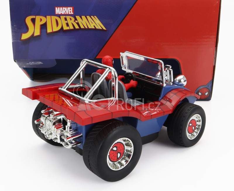 Jada Mayers manx Buggy With Spiderman Figure Marvel 1964 1:24 Modrá Červená