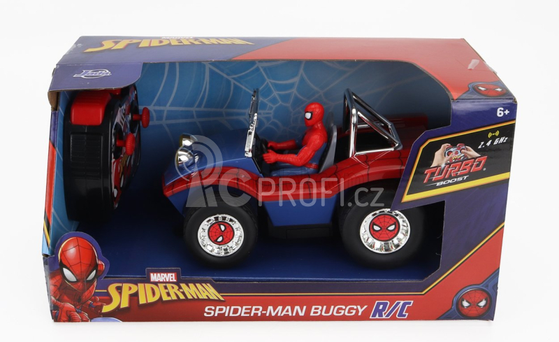 Jada Mayers manx Buggy With Spiderman Figure Marvel 1964 1:24 Modrá Červená
