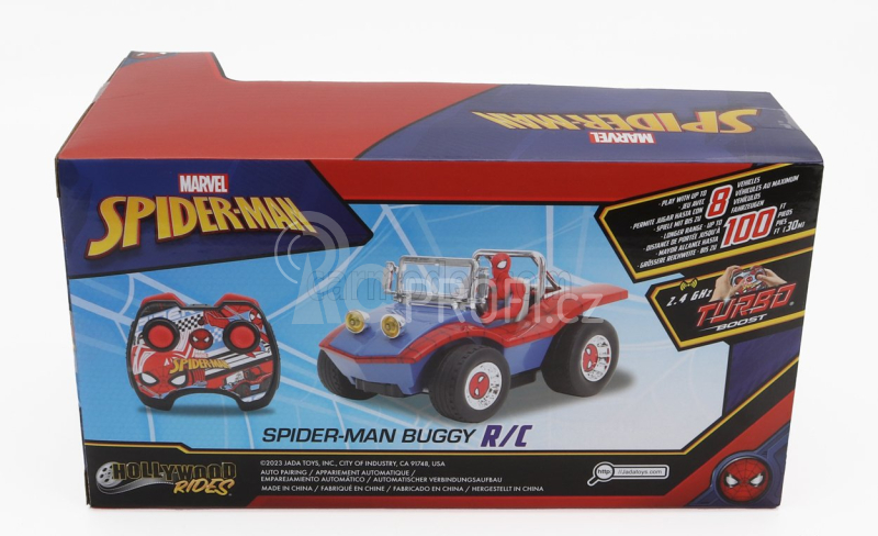 Jada Mayers manx Buggy With Spiderman Figure Marvel 1964 1:24 Modrá Červená