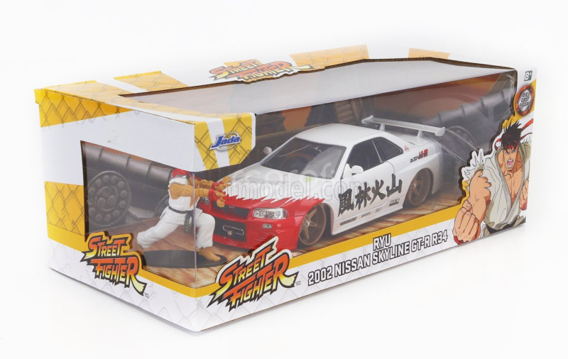 Jada Nissan Skyline Gt-r (r34) Advan 2002 With Street Fighter Ryu Figure 1:24 Bílá Červená
