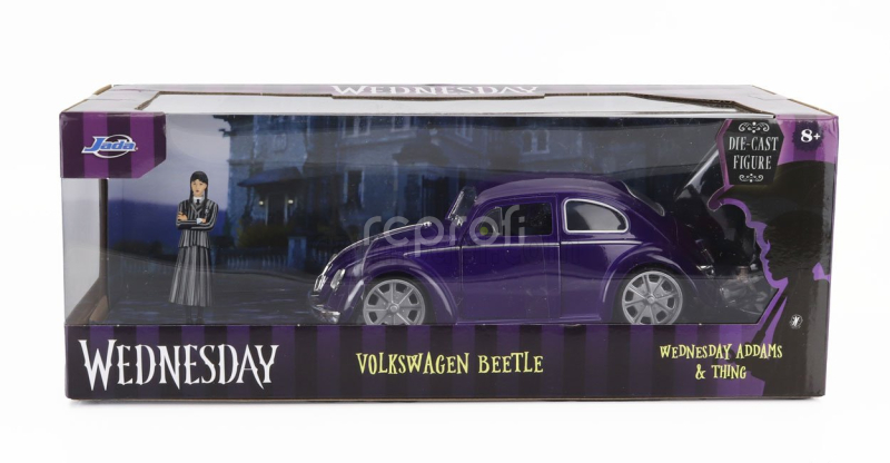 Jada Volkswagen Beetle Maggiolino Custom With Wednesday Addams & Thing Figure 1959 1:24 Modrá Černá