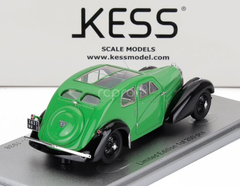 Kess-model Bugatti 57c S/n.57335 Coupe Aerodynamique Panoramic Roof 1938 1:43 Zelená Černá