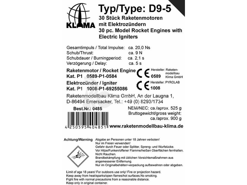 Klima raketový motor D9-5 EL (30ks)