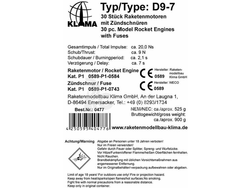 Klima raketový motor D9-7 (30ks)
