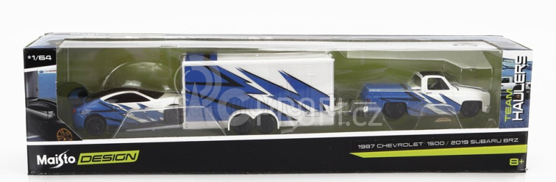 Maisto Chevrolet 1500 Pick-up With Trailer Car Transporter + Subaru Brx 2019 1:64 Modrá Bílá