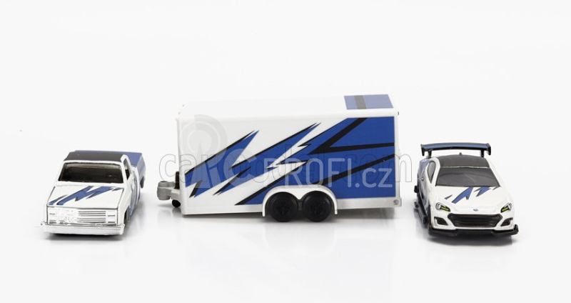 Maisto Chevrolet 1500 Pick-up With Trailer Car Transporter + Subaru Brx 2019 1:64 Modrá Bílá