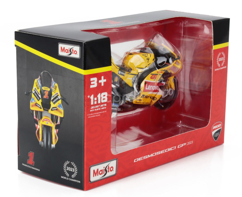 Maisto Ducati Desmosedici Gp23 Team Lenovo N 1 World Champion Motogp Italy Misano Livery Gp 2023 Francesco Bagnaia 1:18 Žlutá