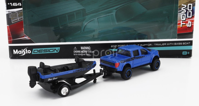 Maisto Ford usa F-150 Svt Raptor Pick-up With Bass Boat And Trailer 2021 1:64 Modrá Černá