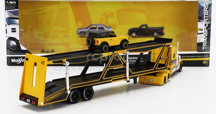 Maisto International Lonestar Truck Car Transporter With Ford Bronco Wildtruck 2021 1:64 Žlutá Černá