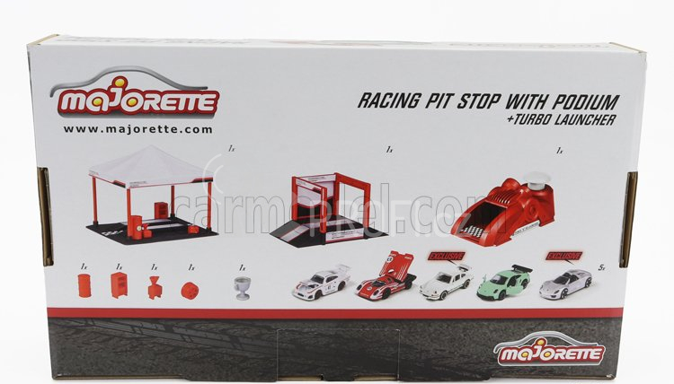 Majorette Porsche Set Area Service Canopy + Podio Podium + Lanciatore + 5x Porsche 1:64 Různé