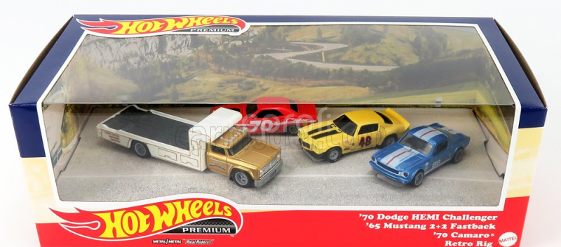 Mattel hot wheels Dodge Set 4x Challenger N 70 Coupe 1970 - Ford Mustang 2+2 Fastback N 89 Coupe 1965 - Chevrolet Camaro N 48 1970 - Retro Rig Flatbed Truck Car Transporter - Carro Attrezzi - Wrecker Road Service 1:64 Různé