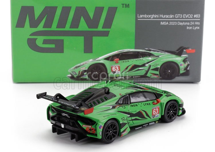 Mini-gt Lamborghini Huracan Gt3 Evo2 Team Iron Lynx N 63 Imsa 24h Daytona 2023 Mirko Bortolotti - Andrea Caldarelli - Roman Grosjean - Jordan Pepper 1:64 Zelená