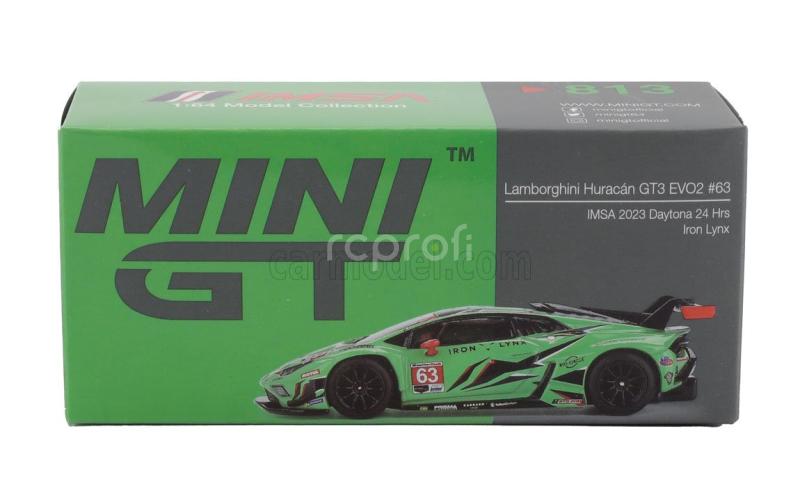 Mini-gt Lamborghini Huracan Gt3 Evo2 Team Iron Lynx N 63 Imsa 24h Daytona 2023 Mirko Bortolotti - Andrea Caldarelli - Roman Grosjean - Jordan Pepper 1:64 Zelená