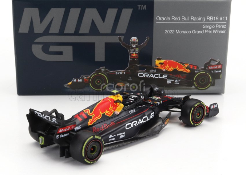 Mini-gt Red bull F1  Rb18 Team Oracle Red Bull Racing N 11 Winner Monaco Gp 2022 Sergio Perez 1:64 Matná Modrá Žlutá Červená