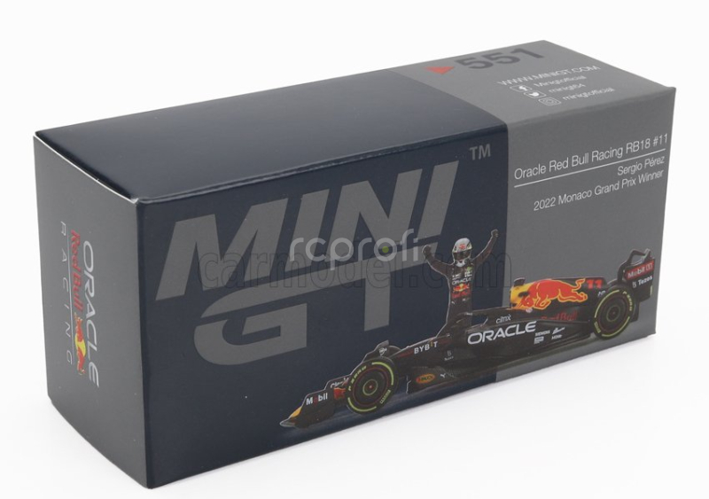 Mini-gt Red bull F1  Rb18 Team Oracle Red Bull Racing N 11 Winner Monaco Gp 2022 Sergio Perez 1:64 Matná Modrá Žlutá Červená