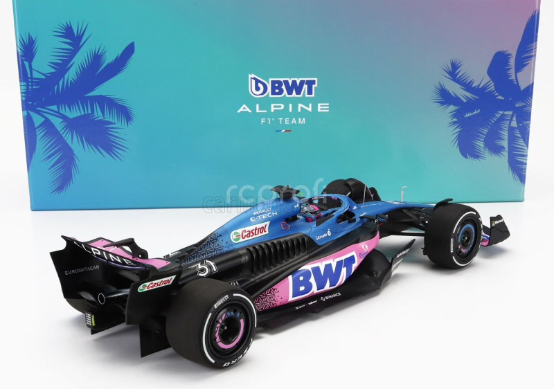 Minichamps Alpine F1  A523 Team Bwt Alpine N 31 9th Miami Gp With Pit Board 2023 Esteban Ocon 1:18 Modrá Černá Růžová