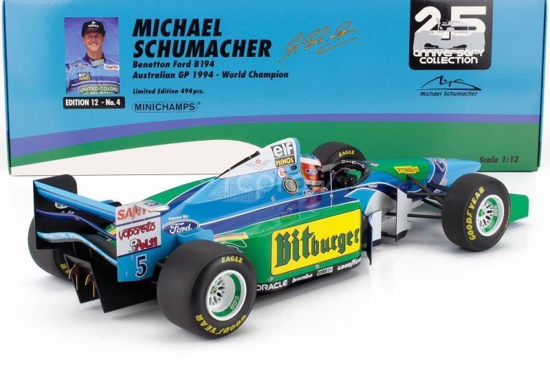 Minichamps Benetton F1  B194 Ford N 5 World Champion Australian Gp 1994 Michael Schumacher - Con Vetrina - With Showcase 1:12 Modrá Zelená