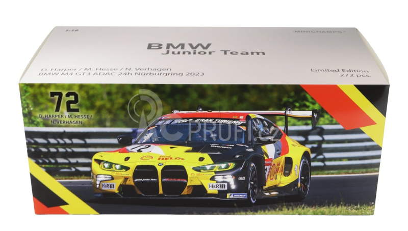 Minichamps BMW 4-series M4 Gt3 Team Bmw Junior N 72 24h Nurburgring 2023 Dan Harper - Max Hesse - Neil Verhagen 1:18 Černá Žlutá Červená