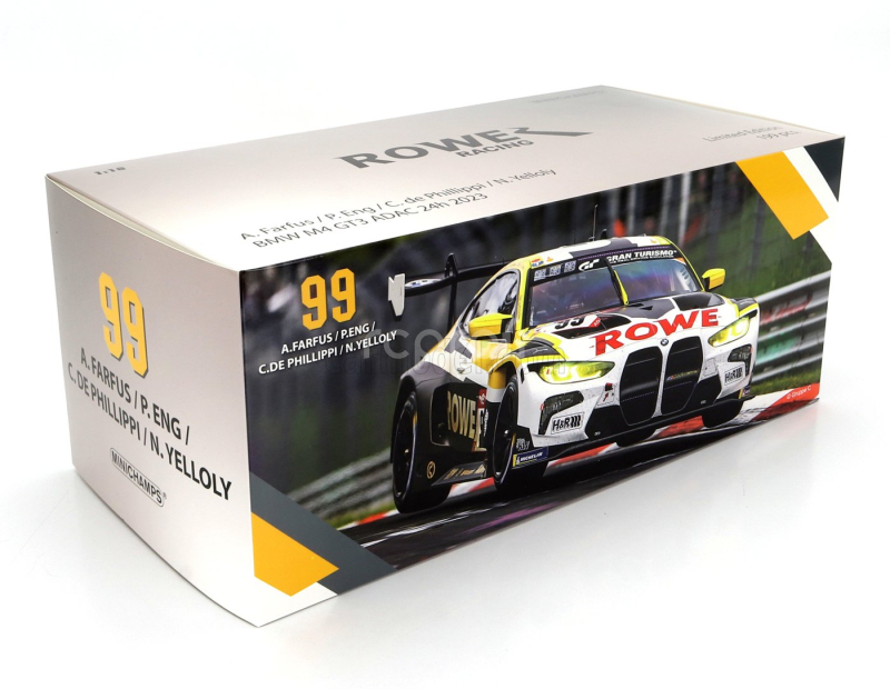 Minichamps BMW 4-series M4 Gt3 Team Rowe Racing N 99 24h Nurburgring 2023 Philipp Eng - Augusto Farfus - Connor De Philippi - Nick Yelloy 1:18 Bílá Šedá Žlutá