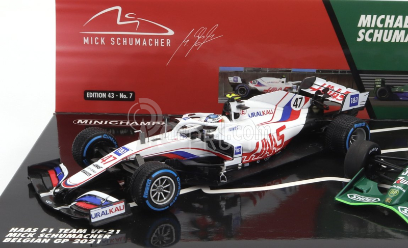 Minichamps Haas F1 Set 2x Vf-21 Ferrari 065/6 Team Uralkali N 47 Belgium Gp 2021 Mick Schumacher + Jordan 191 Ford N 32 First F1 Race Spa Belgium Gp 1991 Michael Schumacher - 30th Anniversary 1:43 Bílá Zelená