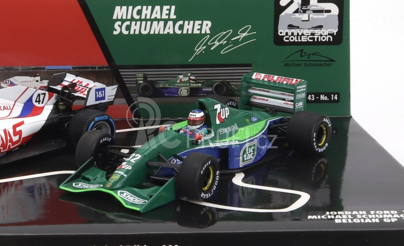 Minichamps Haas F1 Set 2x Vf-21 Ferrari 065/6 Team Uralkali N 47 Belgium Gp 2021 Mick Schumacher + Jordan 191 Ford N 32 First F1 Race Spa Belgium Gp 1991 Michael Schumacher - 30th Anniversary 1:43 Bílá Zelená