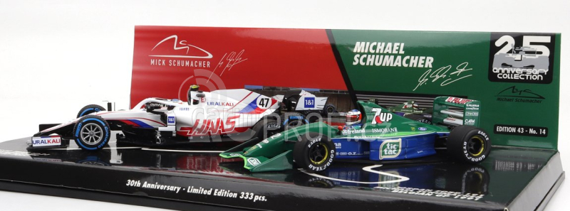 Minichamps Haas F1 Set 2x Vf-21 Ferrari 065/6 Team Uralkali N 47 Belgium Gp 2021 Mick Schumacher + Jordan 191 Ford N 32 First F1 Race Spa Belgium Gp 1991 Michael Schumacher - 30th Anniversary 1:43 Bílá Zelená