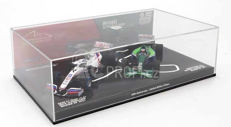Minichamps Haas F1 Set 2x Vf-21 Ferrari 065/6 Team Uralkali N 47 Belgium Gp 2021 Mick Schumacher + Jordan 191 Ford N 32 First F1 Race Spa Belgium Gp 1991 Michael Schumacher - 30th Anniversary 1:43 Bílá Zelená