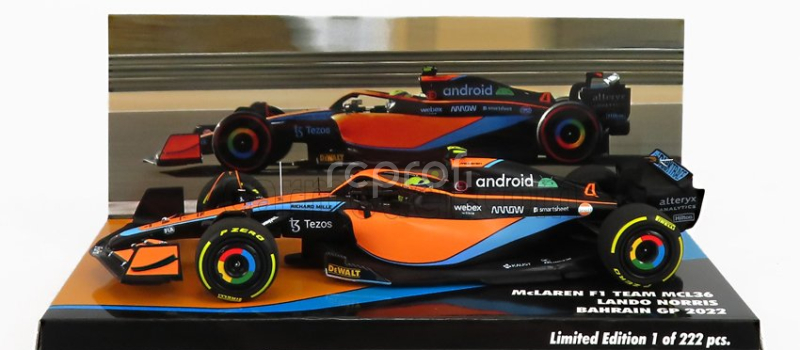 Minichamps Mclaren F1  Mcl36 Team Mclaren N 4 Bahrain Gp 2022 Lando Norris 1:43 Oranžová Světle Modrá
