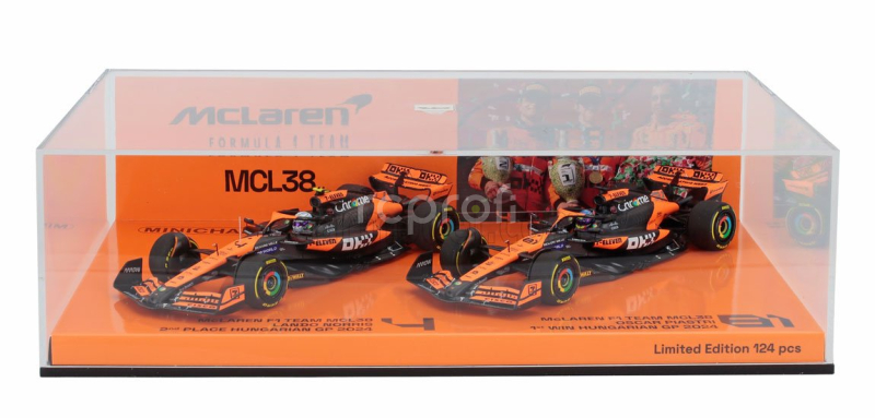 Minichamps Mclaren Set 2x F1  Mcl38 Team Mclaren N 81 Winner Hungarian Gp 2024 Oscar Piastri + N 4 2nd Hungarian Gp 2024 Lando Norris 1:43 Oranžová Černá