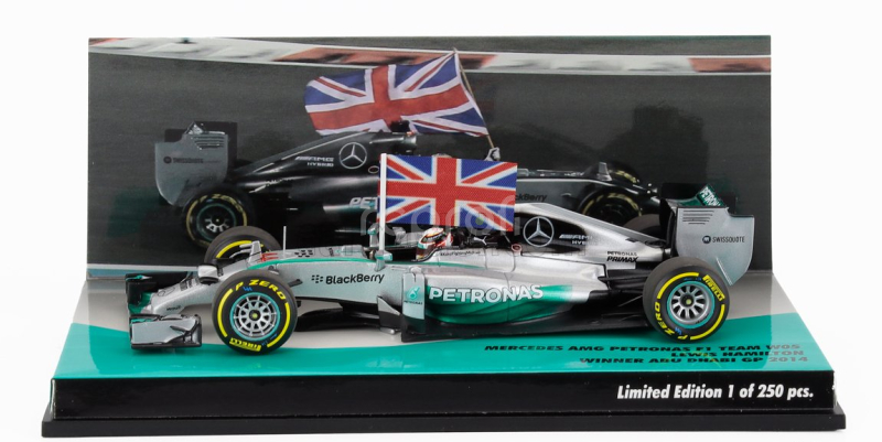 Minichamps Mercedes gp F1  W05 Amg Petronas N 44 World Champion Winner Abu Dhabi Gp With Flag 2014 Lewis Hamilton 1:43 Stříbrná Zelená
