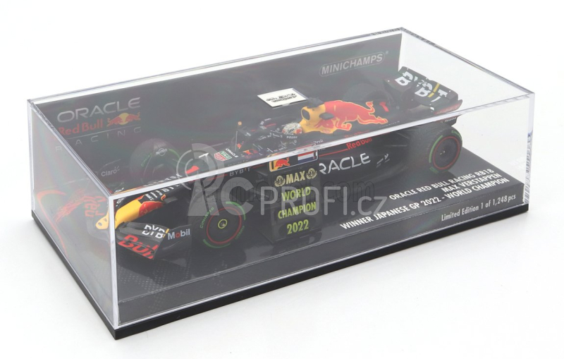 Minichamps Red bull F1 Rb18 Team Oracle Red Bull Racing N 1 World Champion Winner Japan Gp With Pit Board 2022 Max Verstappen 1:43 Matná Modrá Žlutá Červená