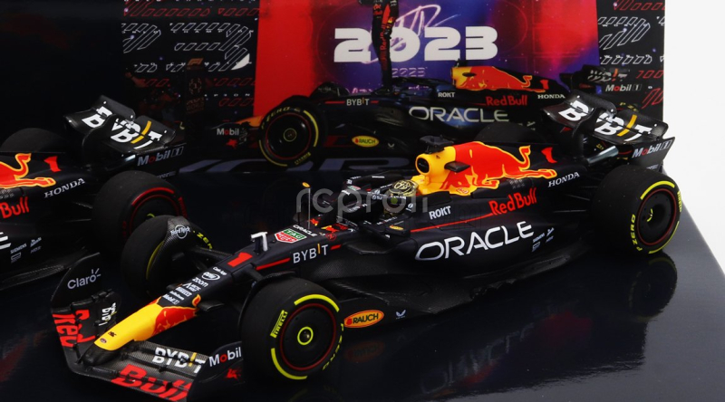 Minichamps Red bull Set 2x F1  Rb19 Team Oracle Red Bull Racing N 1 World Champion 2nd Sprint Race + Winner Qatar Gp 2023 Max Verstappen 1:43 Matt Blue