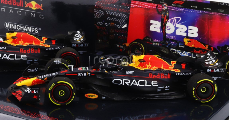 Minichamps Red bull Set 2x F1  Rb19 Team Oracle Red Bull Racing N 1 World Champion 2nd Sprint Race + Winner Qatar Gp 2023 Max Verstappen 1:43 Matt Blue