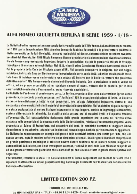 Miniminiera Alfa romeo Giulietta Berlina Ii Series 1959 1:18 Beige