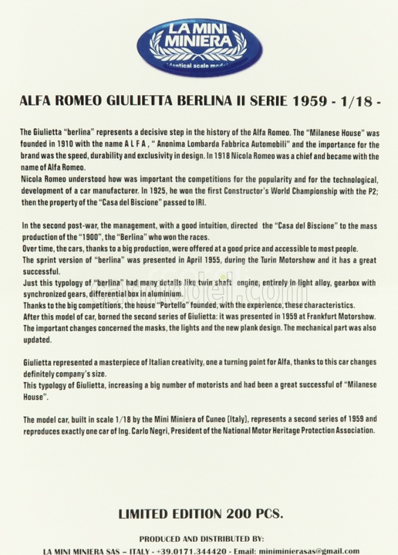 Miniminiera Alfa romeo Giulietta Berlina Ii Series 1959 1:18 Beige