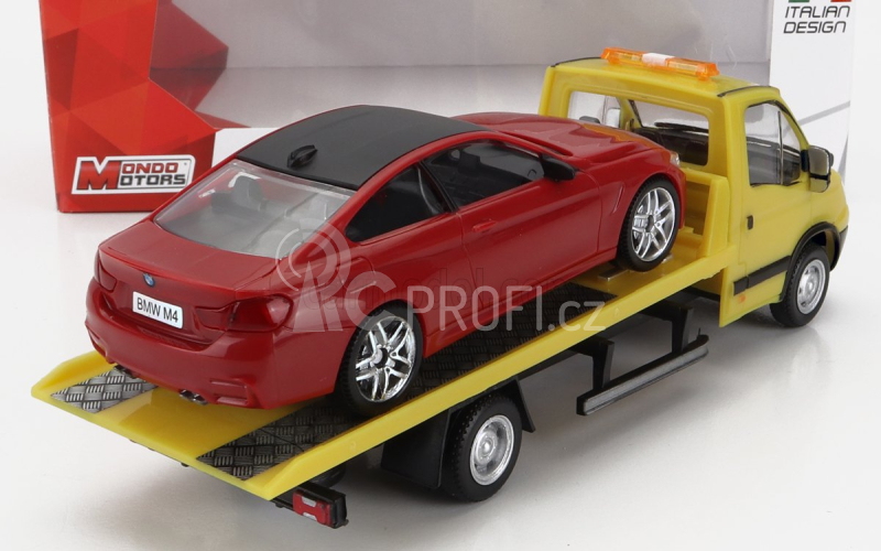 Mondomotors Iveco fiat Daily Assistance Carro Attrezzi - Tow Truck Road Service 2009 With Bmw 4-series M4 Coupe (g82) 2020 1:43 Žlutá Červená