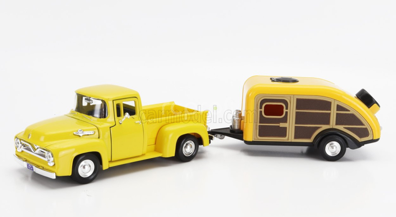 Motor-max Ford usa F-100 Pick-up With Trailer Roulotte 1955 1:24 Žluté Dřevo