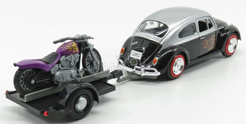 Motor-max Volkswagen Beetle Maggiolino + Trailer With Motorcycle 1959 1:24 Černá Stříbrná