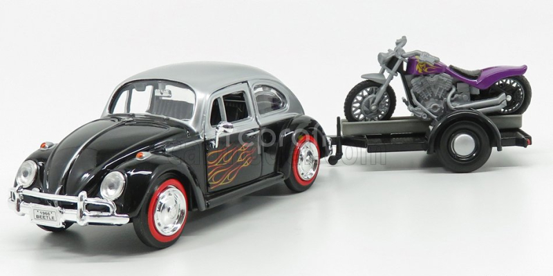 Motor-max Volkswagen Beetle Maggiolino + Trailer With Motorcycle 1959 1:24 Černá Stříbrná