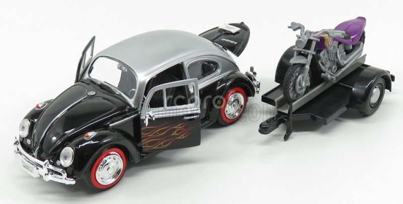 Motor-max Volkswagen Beetle Maggiolino + Trailer With Motorcycle 1959 1:24 Černá Stříbrná