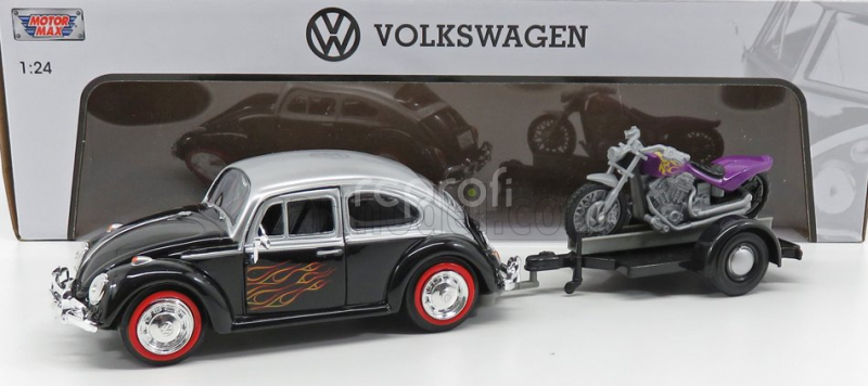 Motor-max Volkswagen Beetle Maggiolino + Trailer With Motorcycle 1959 1:24 Černá Stříbrná