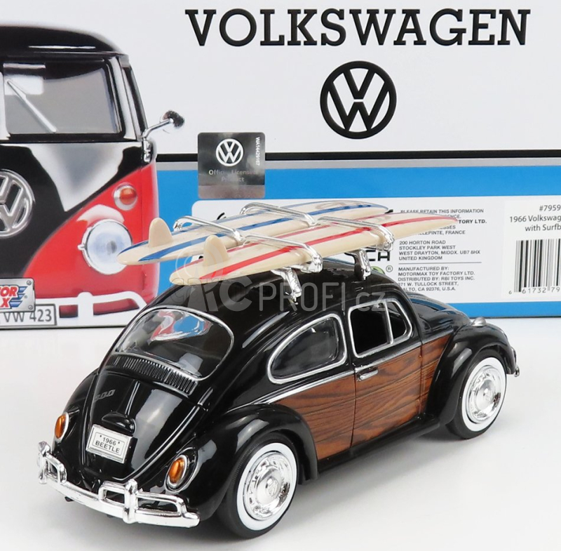 Motor-max Volkswagen Beetle With Surfboard 1968 1:24 Černé Dřevo